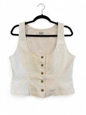 Reformation White Tai Denim Vest Daisy Flower Buttons Cropped Jean Vests, Size 8